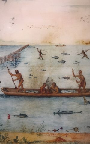 John White illustration of Algonquian fishing techniques, 1585 National Park Service