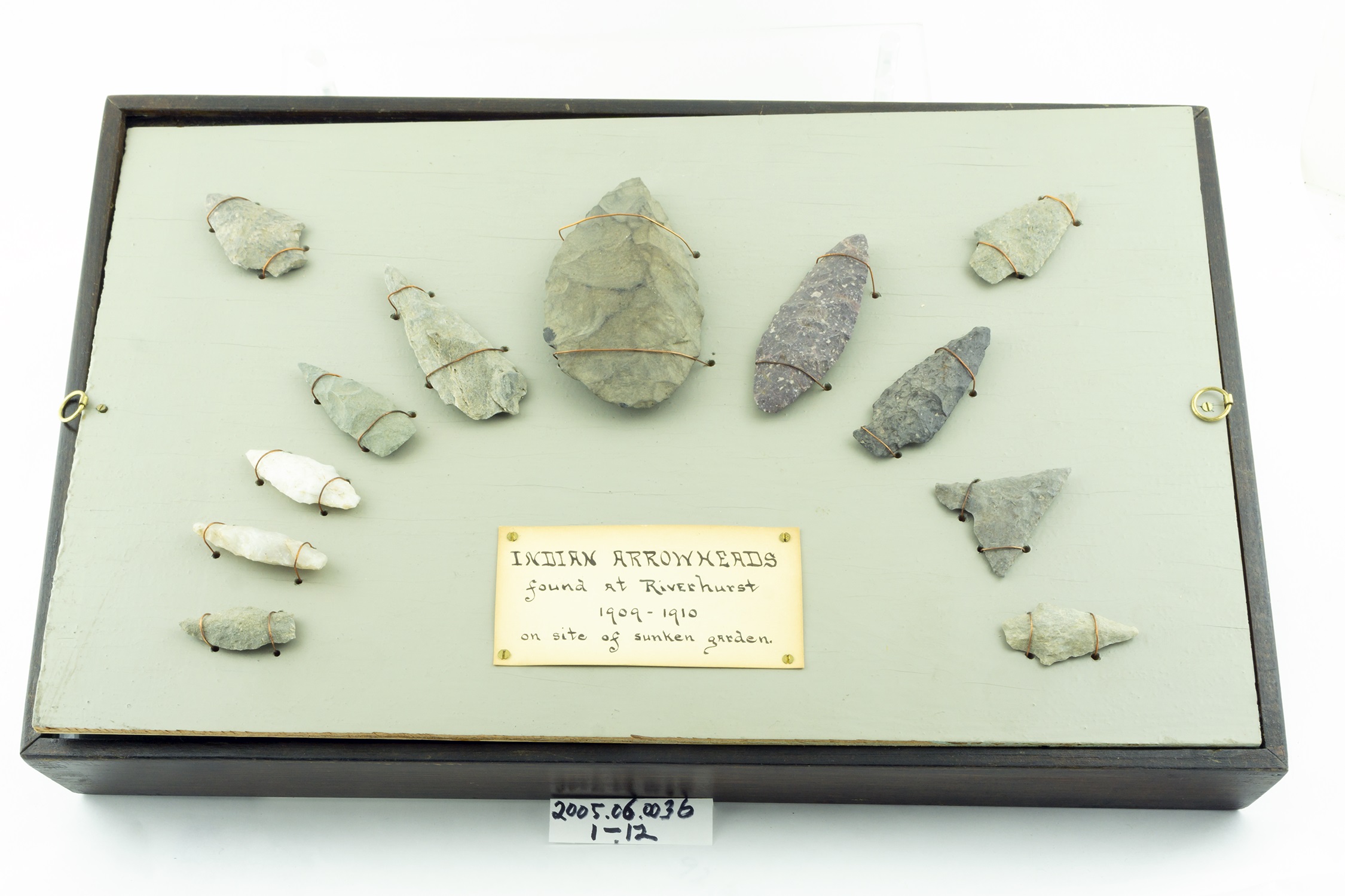 Collection of Native American stone tools collected at Riverhurst, Kennebunk.