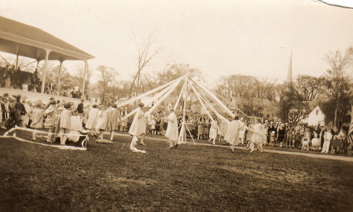 May Day in Kennebunk, c. 1928. The community celebrates the May Pole tradition on Park Street Playground.