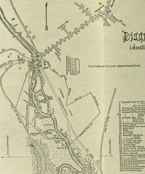 Partial map of Mousam River by William Barry, 1909. Shows locations of mills and other historic sites.