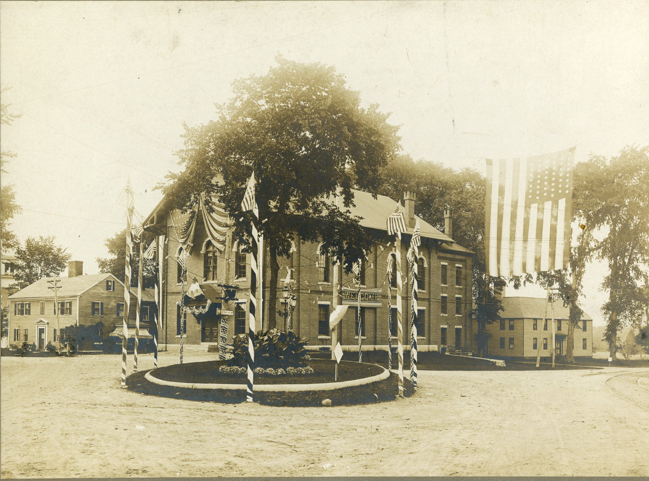The Kennebunk Town Hall decorated for Old Home Week, 1907