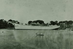 The Schooner Kennebunk launching from Ward's shipyard, 1918. The last large vessel built on the Kennebunk River