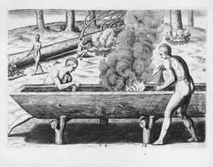Dugout canoes were made from logs that were hollowed out by a process of burning and chopping or scraping. 