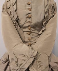 This was worn by Mary Bradford Smith on her wedding day, she is a descendant of Governor William Bradford (1590-1657) a founder and longtime governor of the Plymouth Colony settlement. Bradford was among the passengers on the Mayflower's trans-Atlantic journey, and be signed the Mayflower Compact upon arriving in Massachusetts in 1620. 