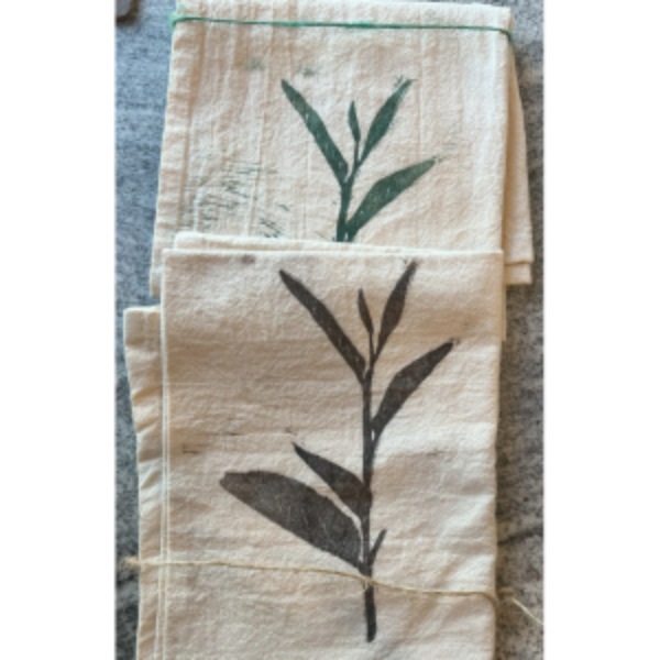 Tea-Steeped Tea Towel with Wood Block Print