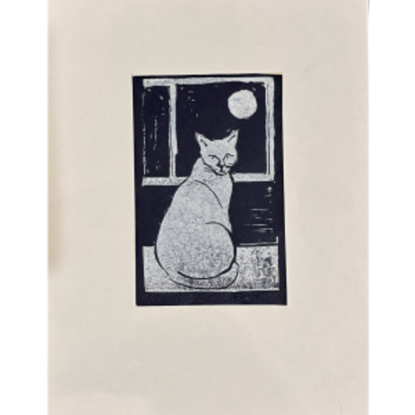 White Cat Moon - Linoprint